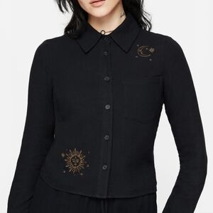 Disturbia Cosmos Embroidered Button Up Crop Shirt